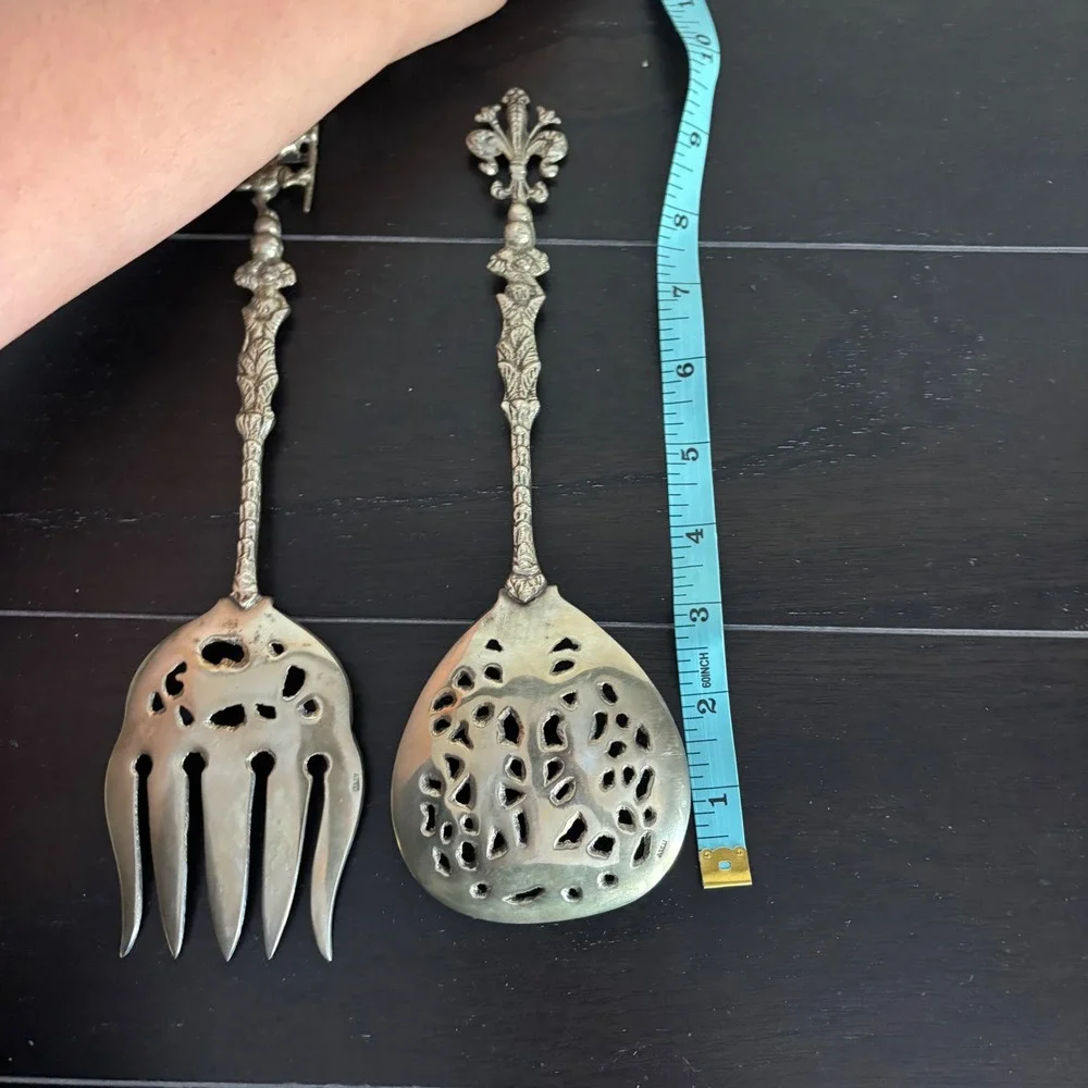Vintage Italian Brass Salad Serving Set | Cherub Lion Fleur-de-Lis Ornate | 2pc